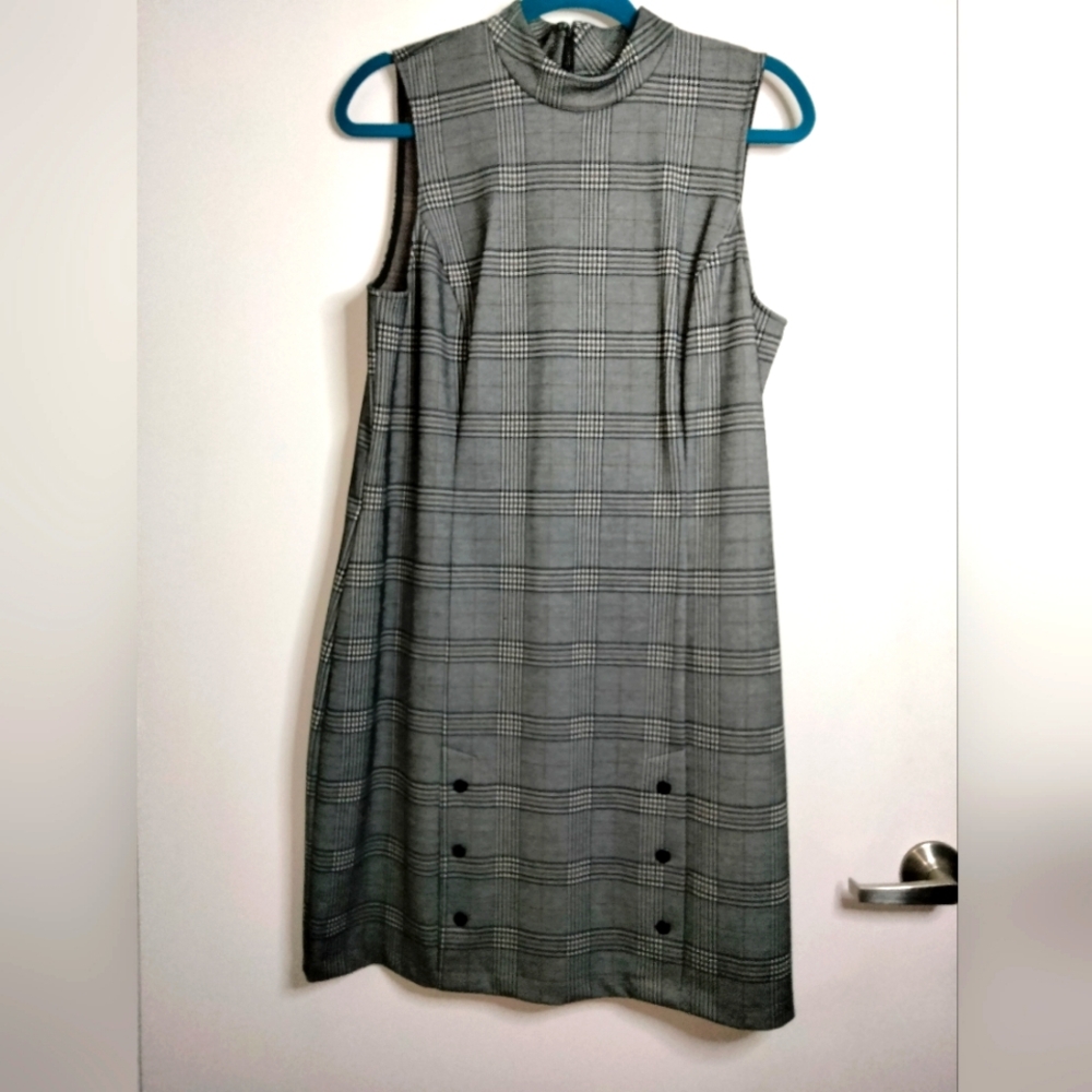 Apt. 9 (Sz L) Multicolor Mock Neck Accent Button Stretch Sleeveless Plaid Dress